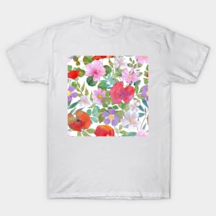 Spring various flowers and leaves watercolor botanical print. Poppies, daisy, rose flowers blossom. Different wildflowers. T-Shirt